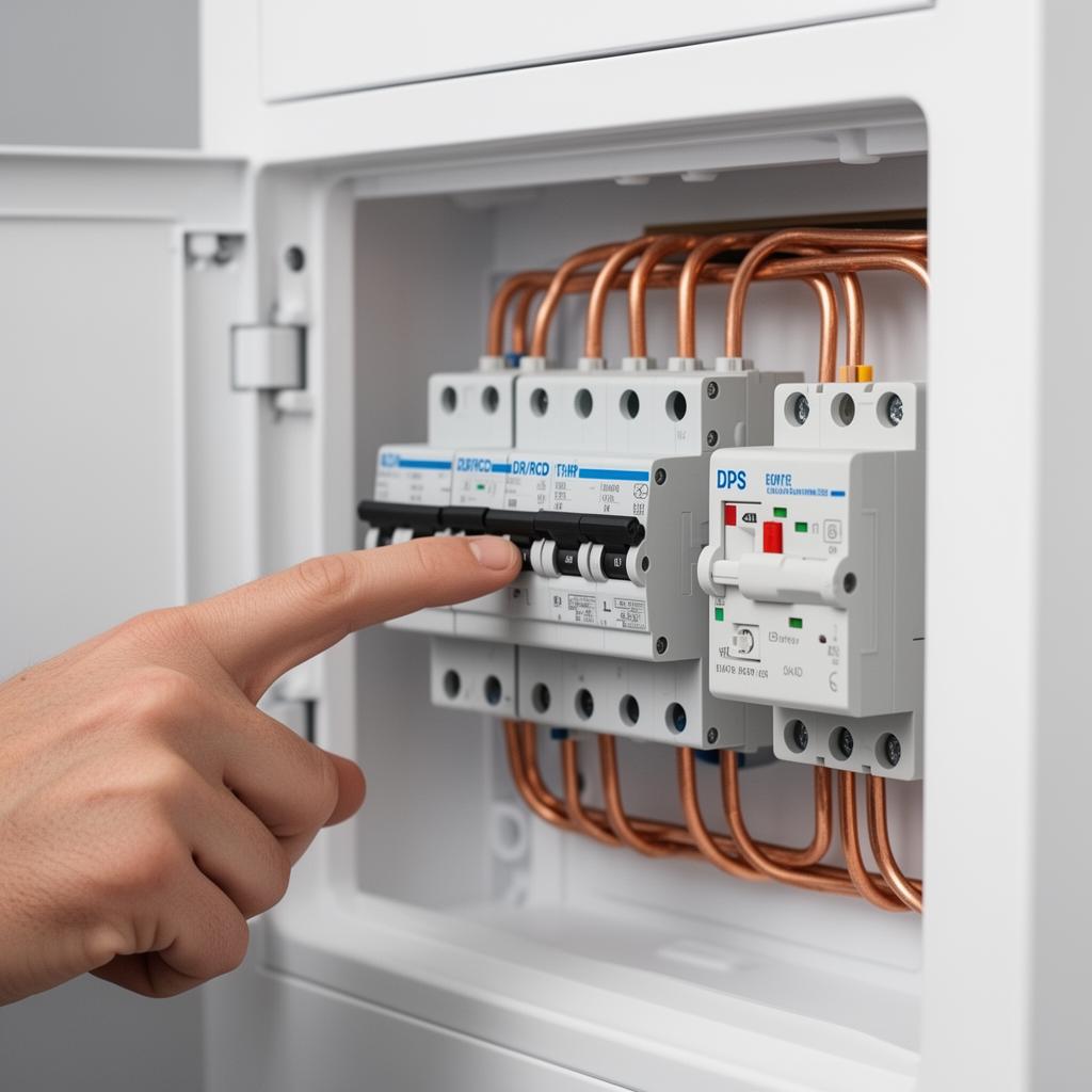 Disjuntor DR e DPS instalados em quadro elétrico moderno