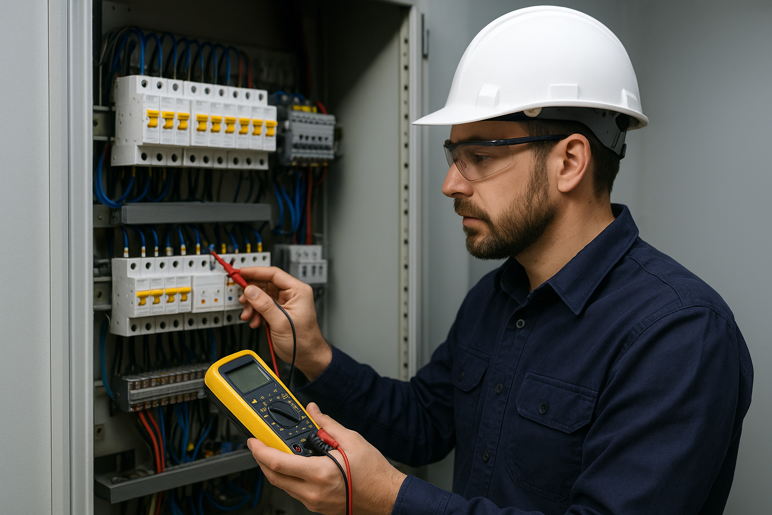Técnico realizando manutenção elétrica preventiva em painel de distribuição