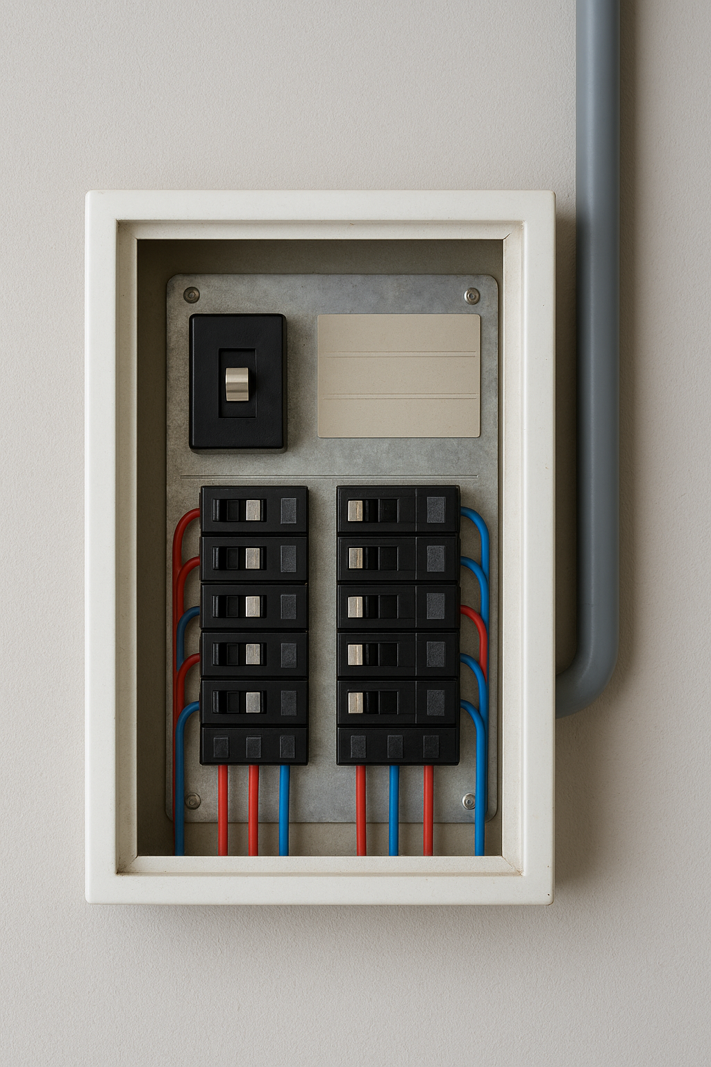 Ilustração de quadro elétrico residencial com disjuntores e proteção, em destaque para segurança e manutenção